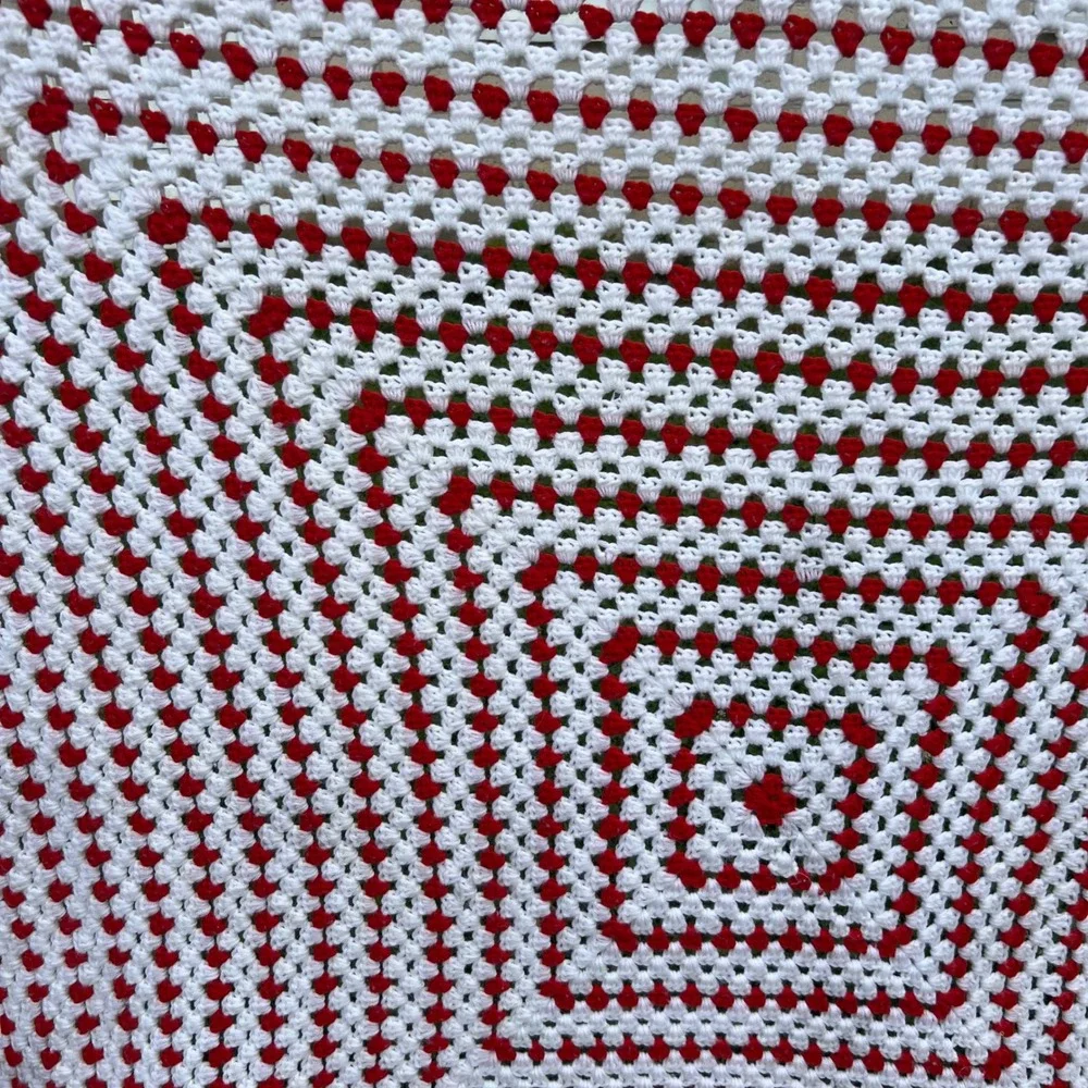 Vintage Handmade Granny Square Crochet Red White Throw Blanket | 76